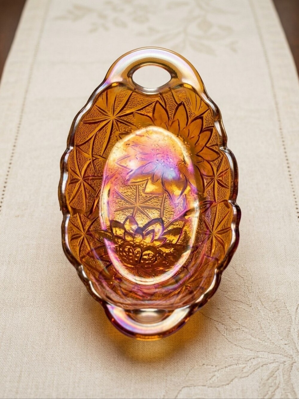 Vintage Indiana Glass  Marigold Carnival Glass "Lily Pons" Oval Relish Dish
